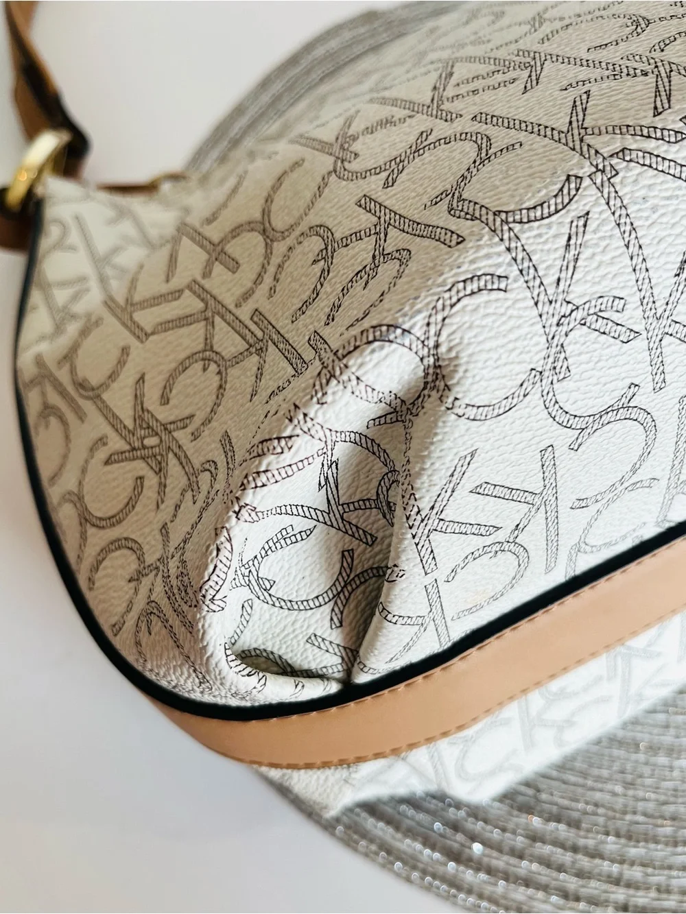 CALVIN KLEIN Shoulder Bag “HOLLY” Monogram Hobo Gold-Tone Tassel 13x11x6”
